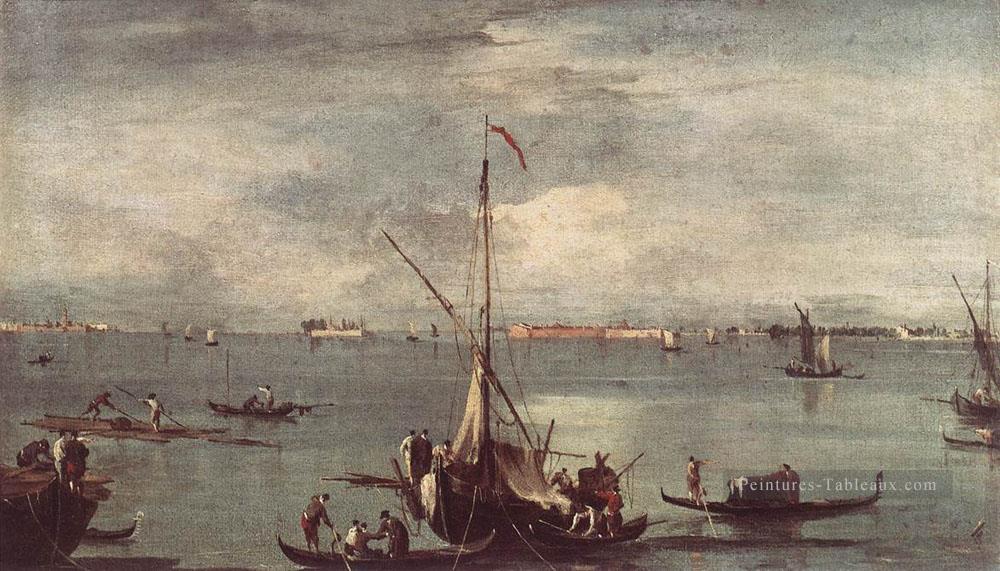 Le lagon avec des bateaux Gondoles et des radeaux Francesco Guardi vénitien Peintures à l'huile